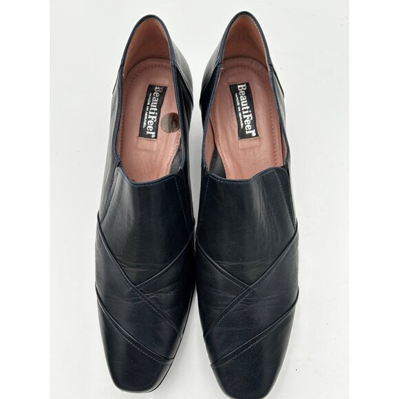 BeautiFeel Dark Navy Blue Leather SlipOn Kitten Heel Shoes Made in